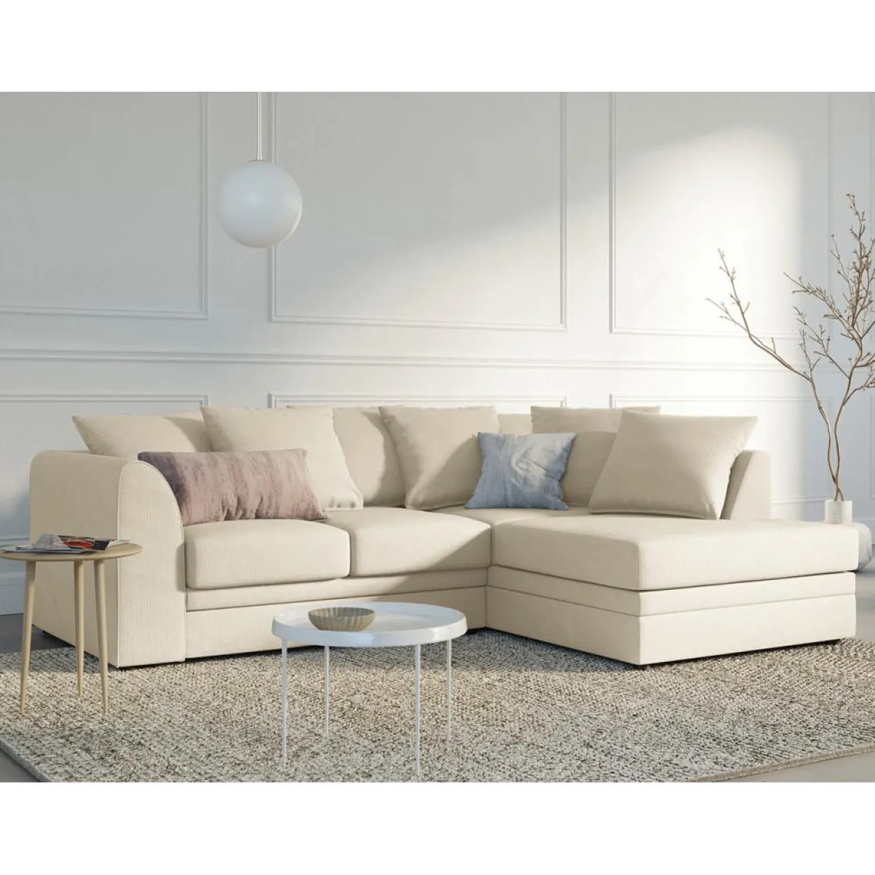 Mazzini Sofas Canapés^Canapé d'angle Droit Quince Velours côtelé 4 Places beige clair - 221x171x80 cm