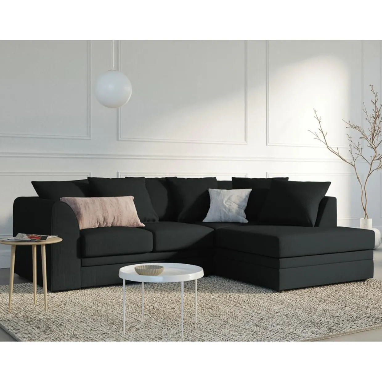 Mazzini Sofas Canapés^Canapé d'angle Droit Quince Velours côtelé 4 Places noir - 221x171x80 cm