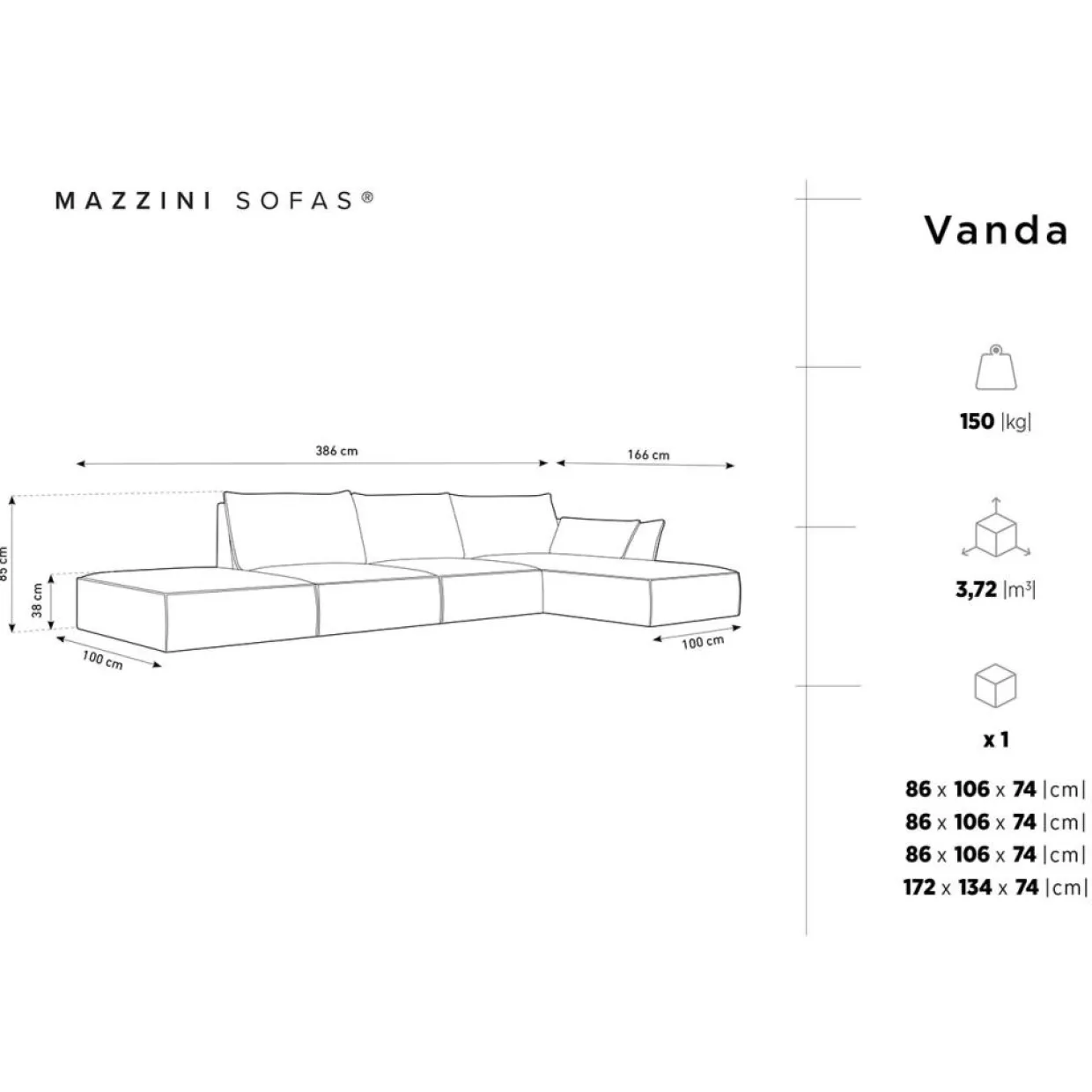 Mazzini Sofas Canapés^Canapé D'Angle Droit Vanda 5 Places 1 bleu roi - 386x166x85 cm