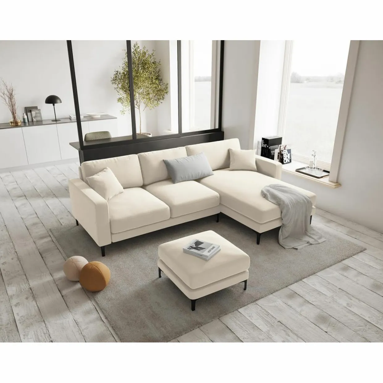 Mazzini Sofas Canapés^Canapé d'angle Droit Velours Venus 4 Places beige clair - 248x160x90 cm