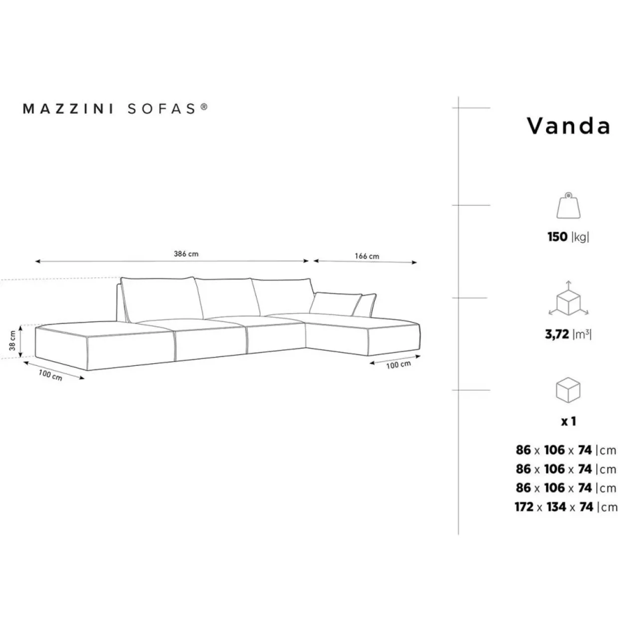 Canapé d'angle droit Velours Vanda 5 Places noir - 386x166x85 cm-Mazzini Sofas Best