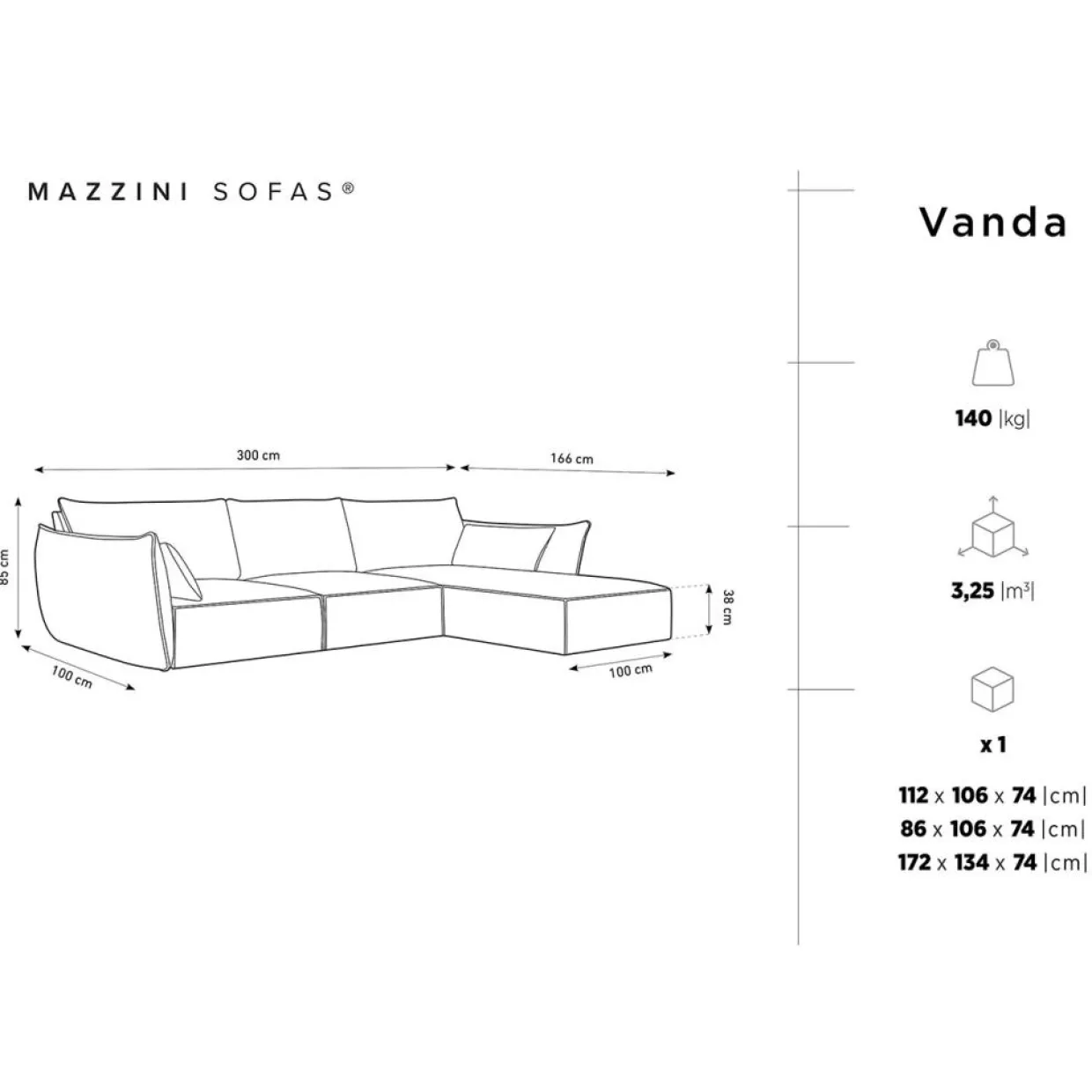 Mazzini Sofas Canapés^Canapé d'angle droit Velours Vanda 4 Places beige clair - 300x166x85 cm