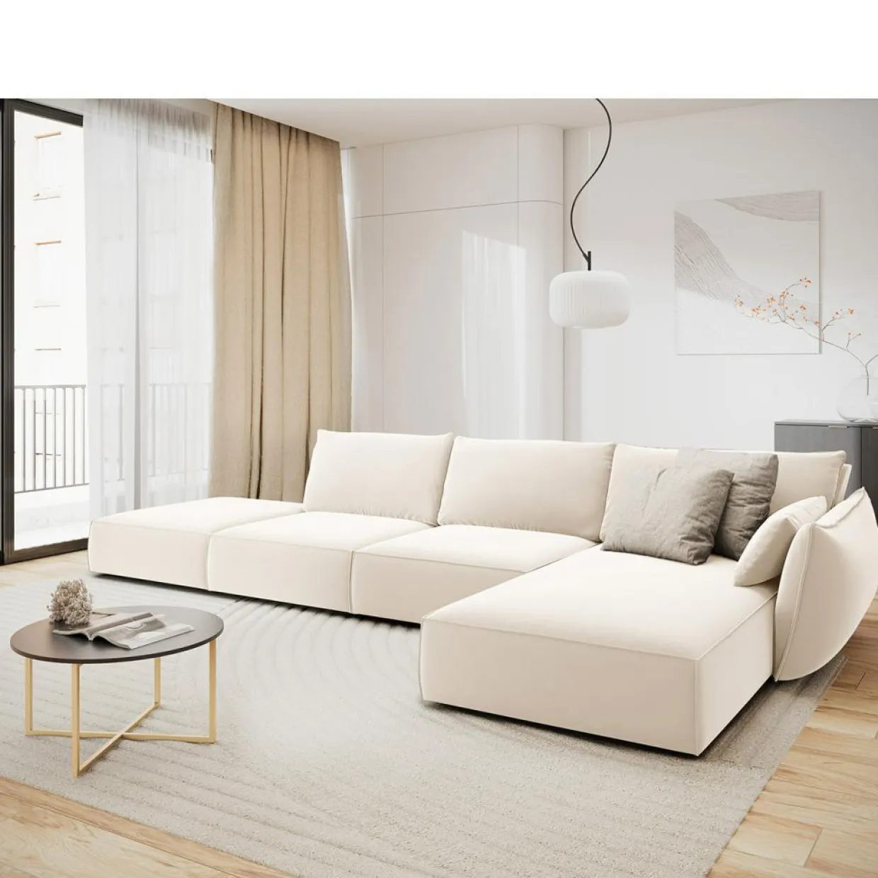 Canapé d'angle droit Velours Vanda 5 Places beige clair - 386x166x85 cm-Mazzini Sofas Hot