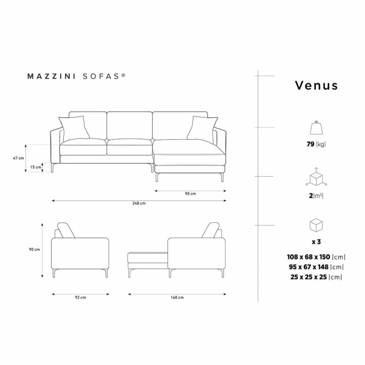 Mazzini Sofas Canapés^Canapé d'angle Droit Venus 4 Places beige - 248x160x90 cm