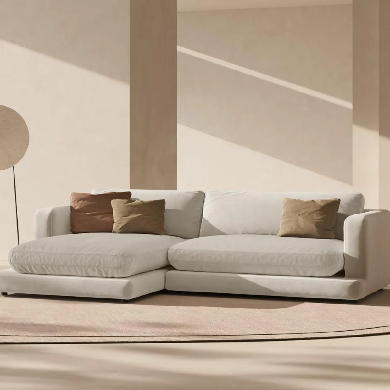 Mazzini Sofas Canapés^Canapé d'angle Gauche en Velours Daphne 4 Places Beige Clair - 270x170x86 cm