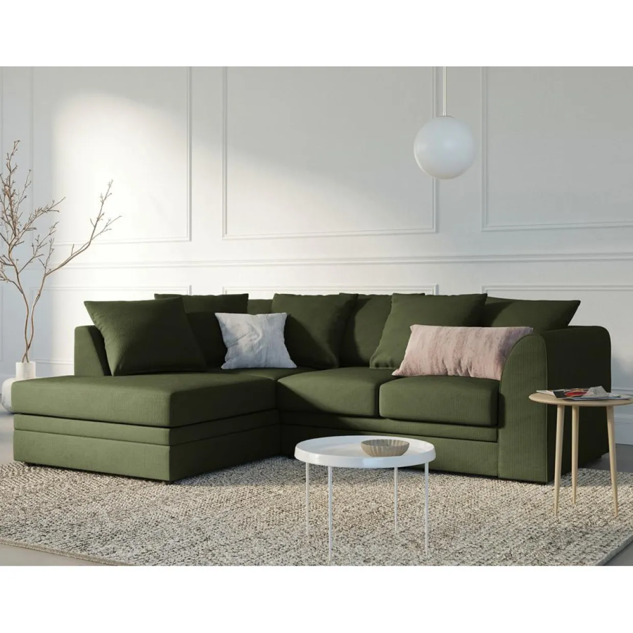 Mazzini Sofas Canapés^Canapé d'angle Gauche Quince Velours côtelé 4 Places vert - 221x171x80 cm