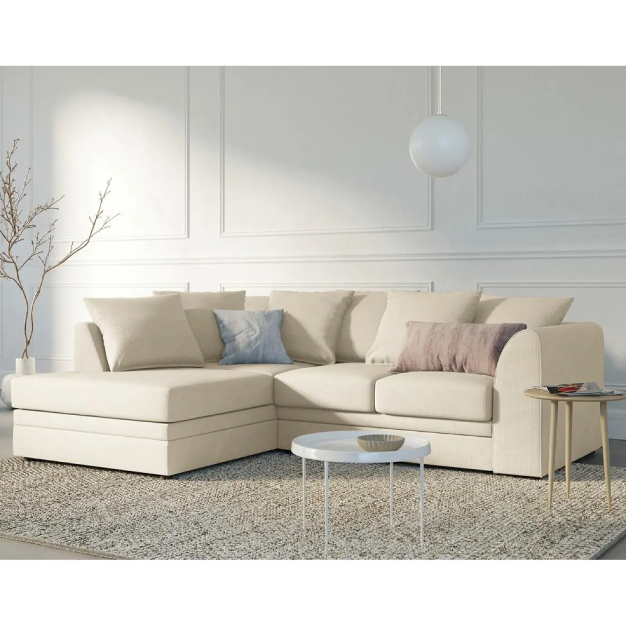 Canapé d'angle Gauche Quince Velours côtelé 4 Places beige clair - 221x171x80 cm-Mazzini Sofas Clearance