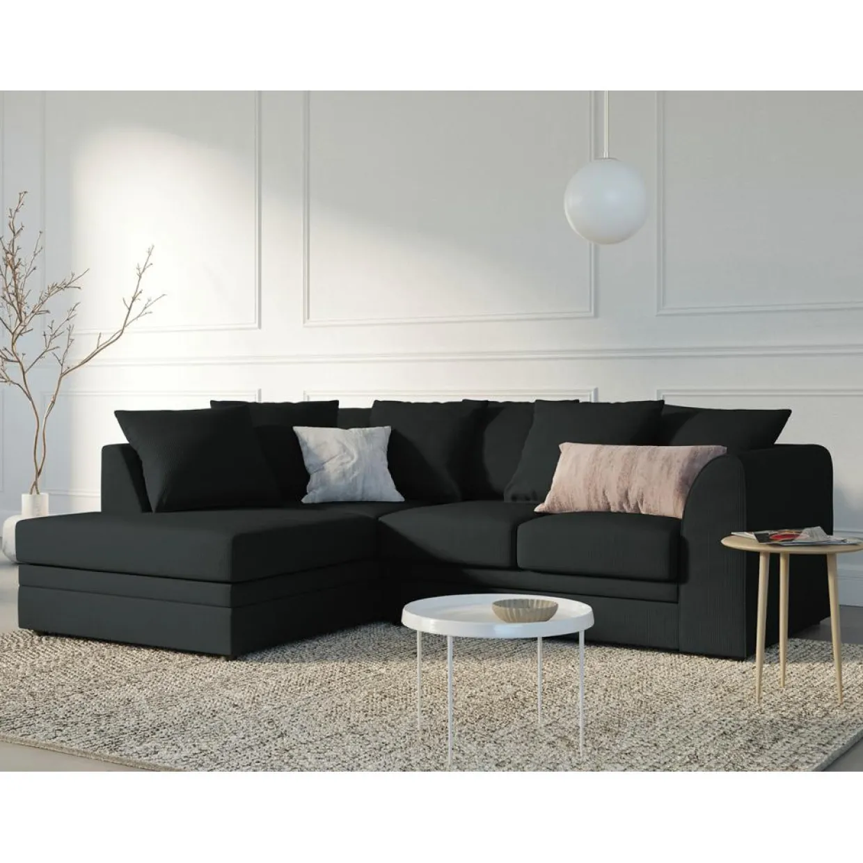 Canapé d'angle Gauche Quince Velours côtelé 4 Places noir - 221x171x80 cm-Mazzini Sofas Clearance