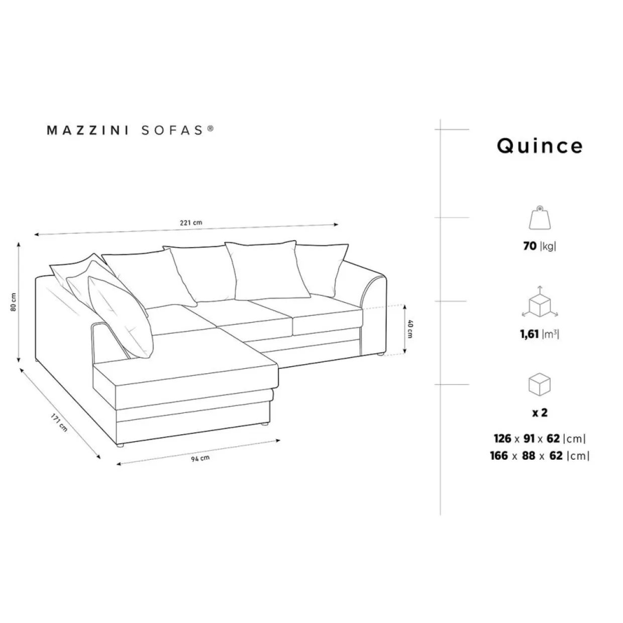 Canapé d'angle Gauche Quince Velours côtelé 4 Places noir - 221x171x80 cm-Mazzini Sofas Clearance