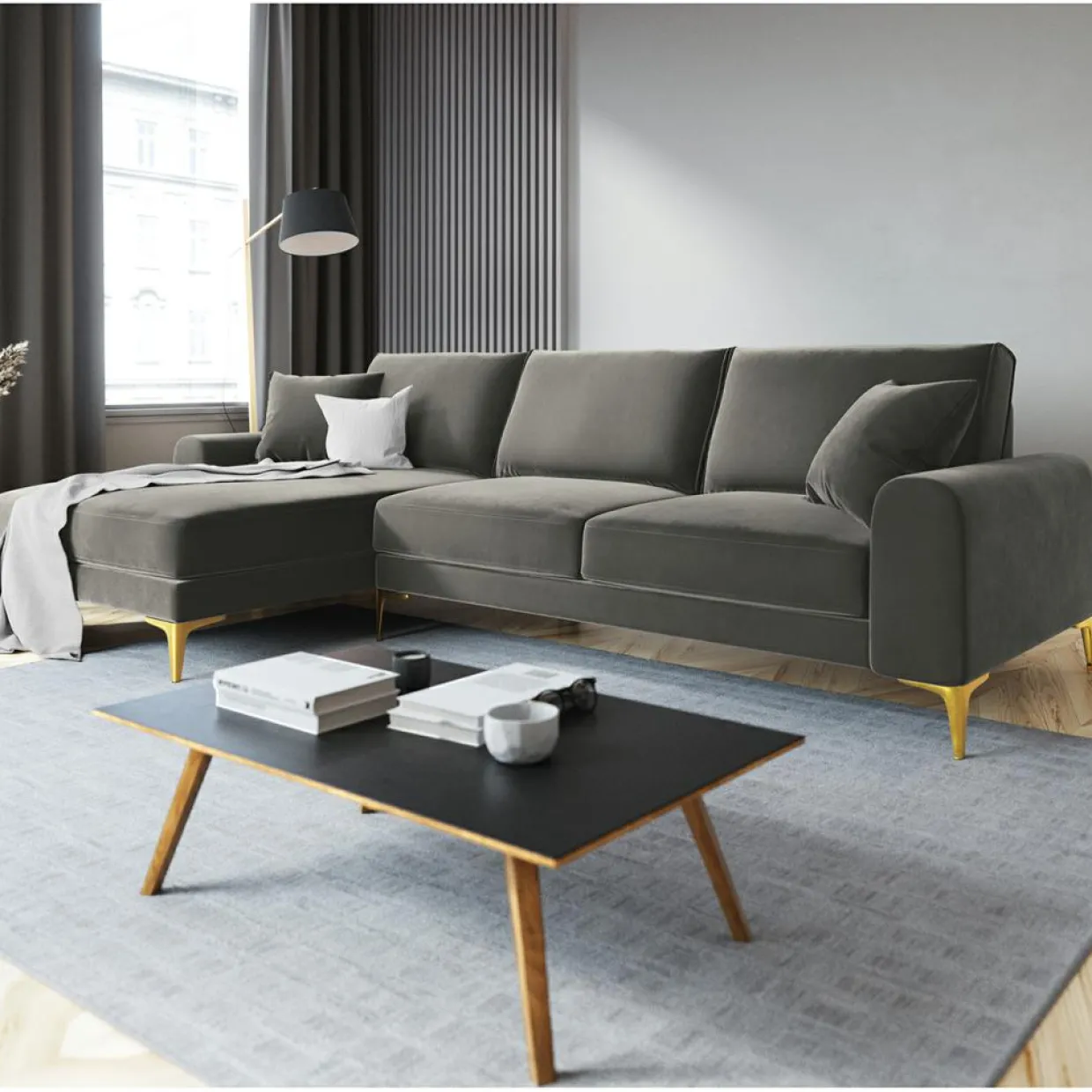Canapé d'angle gauche velours madara gris - 254x182x90 cm-Mazzini Sofas