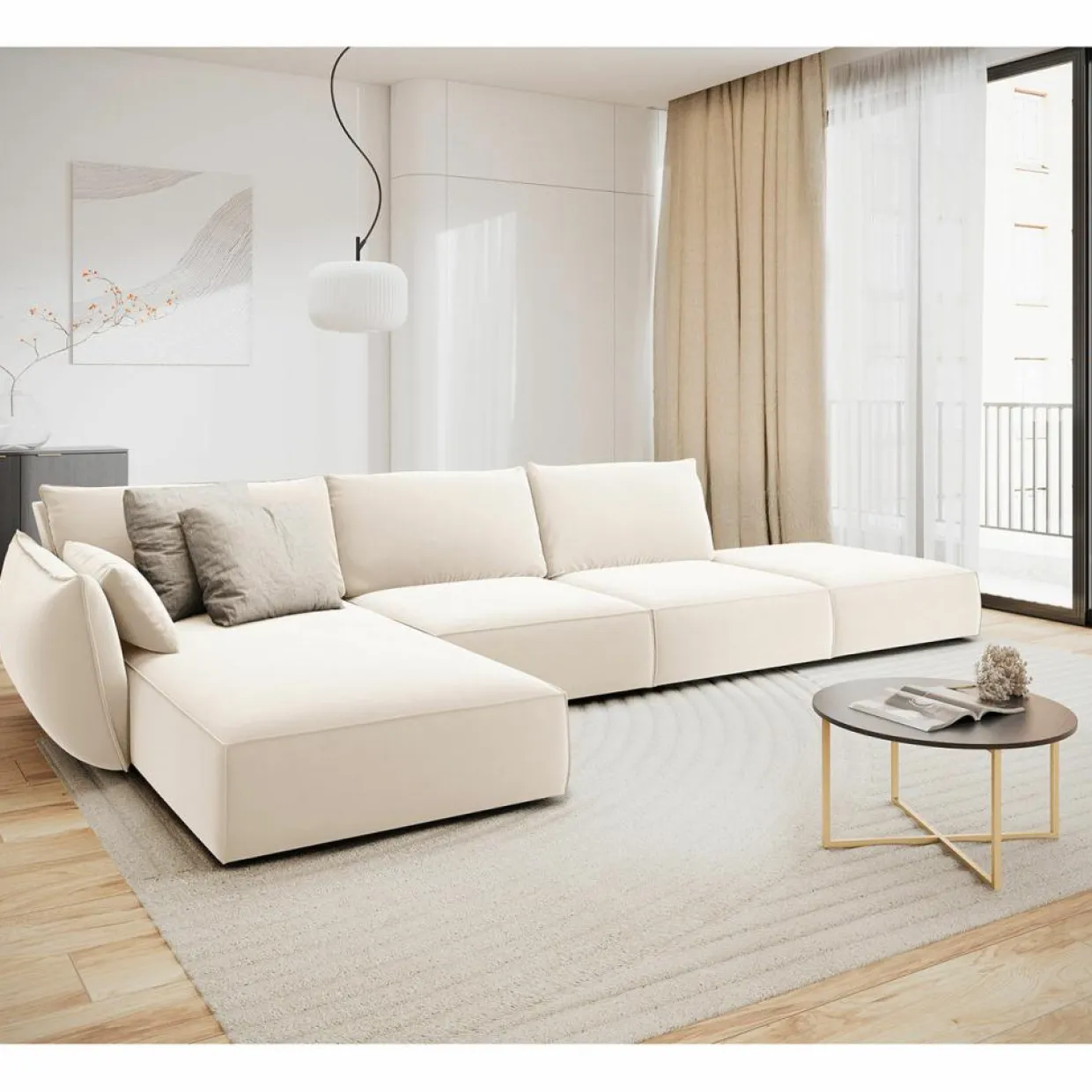 Mazzini Sofas Canapés^Canapé d'angle gauche Velours Vanda 5 Places beige clair - 386x166x85 cm