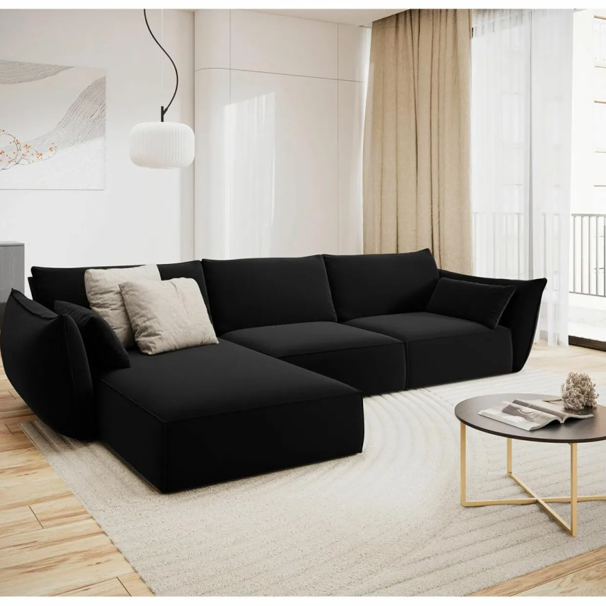 Mazzini Sofas Canapés^Canapé d'angle gauche Velours Vanda 4 Places noir - 300x166x85 cm