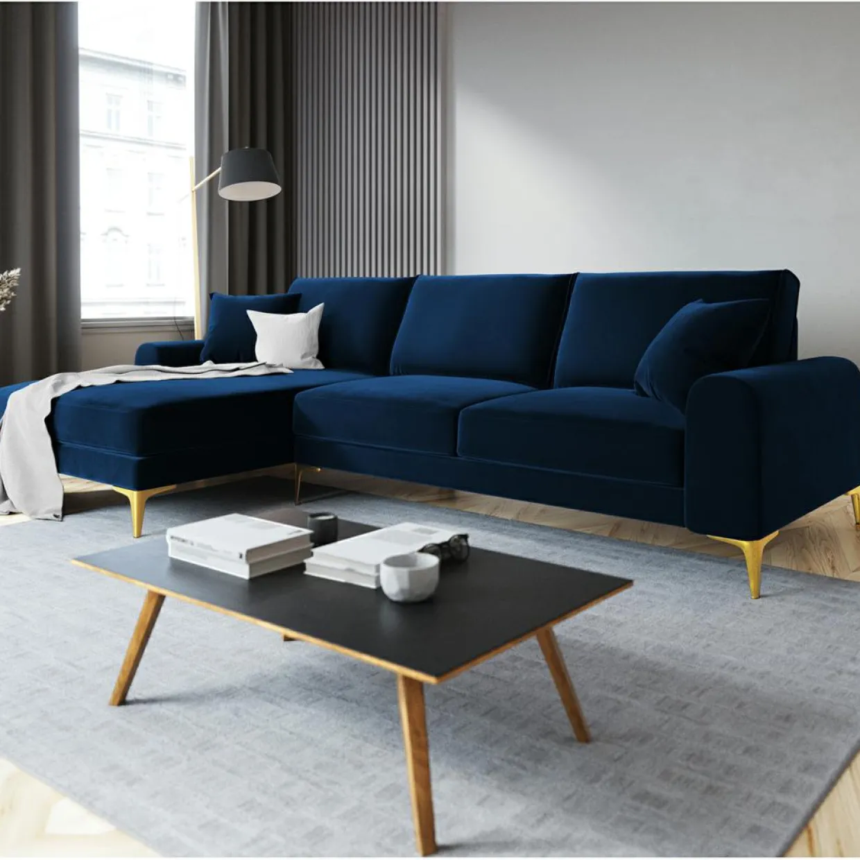 Canapé d'angle gauche velours madara bleu roi - 254x182x90 cm-Mazzini Sofas Online