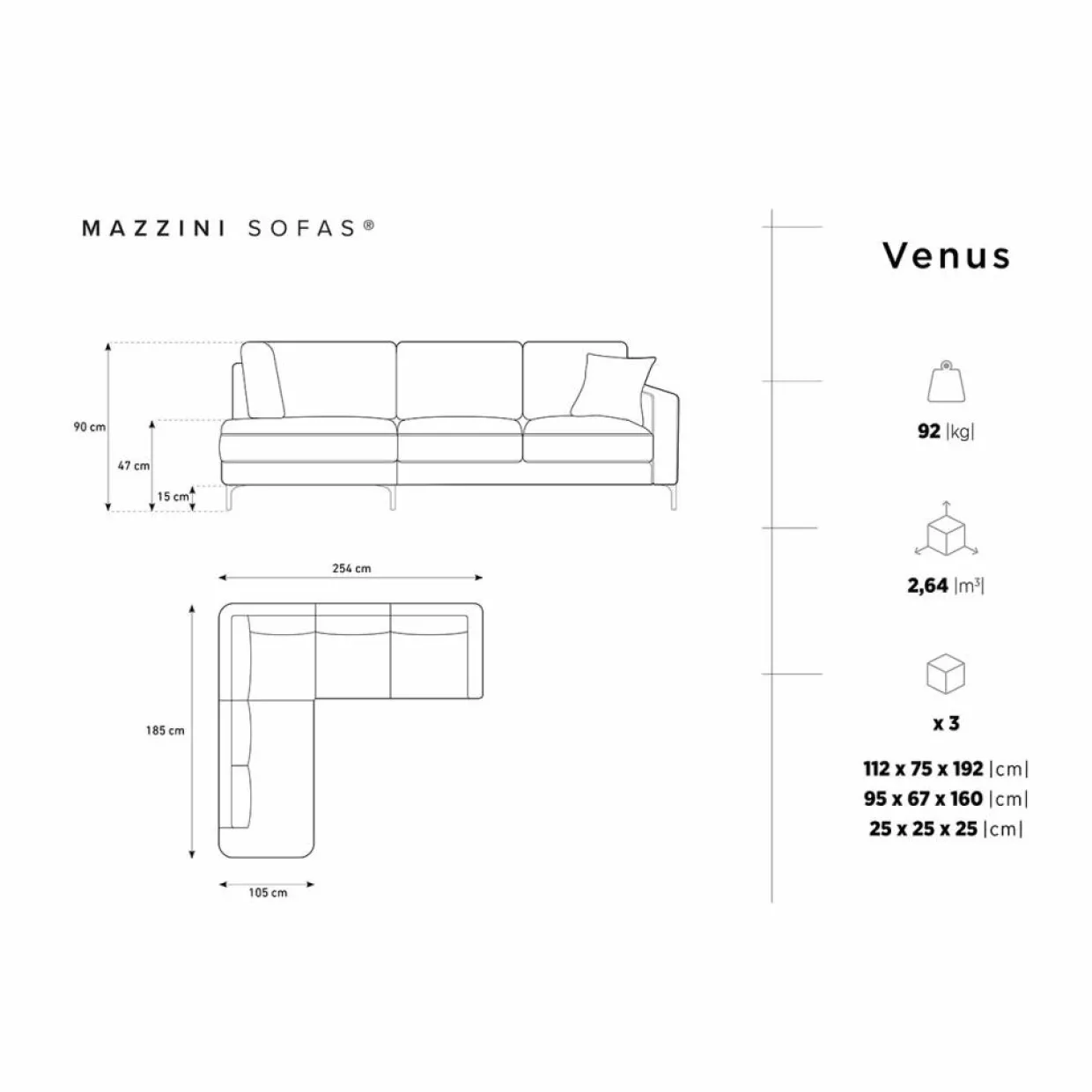 Mazzini Sofas Canapés^Canapé d'angle Gauche Venus 5 Places gris foncé - 254x185x90 cm