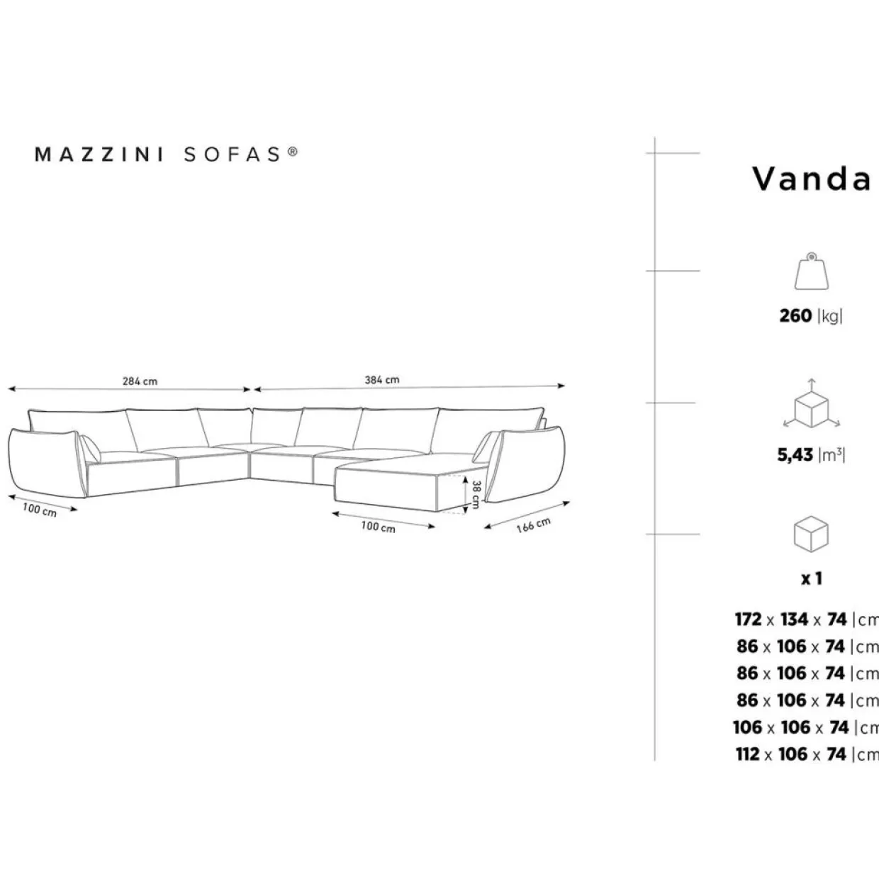 Mazzini Sofas Canapés^Canapé d'angle Panoramique gauche Velours Vanda 8 Places noir - 384x284x85 cm