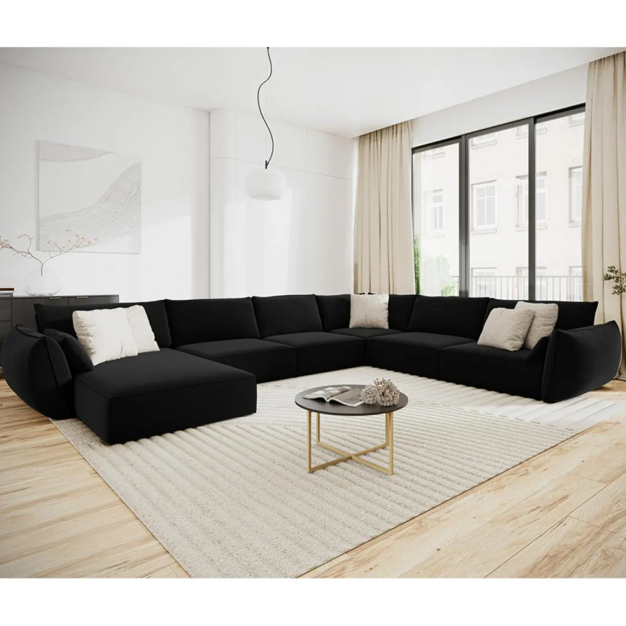 Canapé d'angle Panoramique droit Velours Vanda 8 Places noir - 384x284x85 cm-Mazzini Sofas New