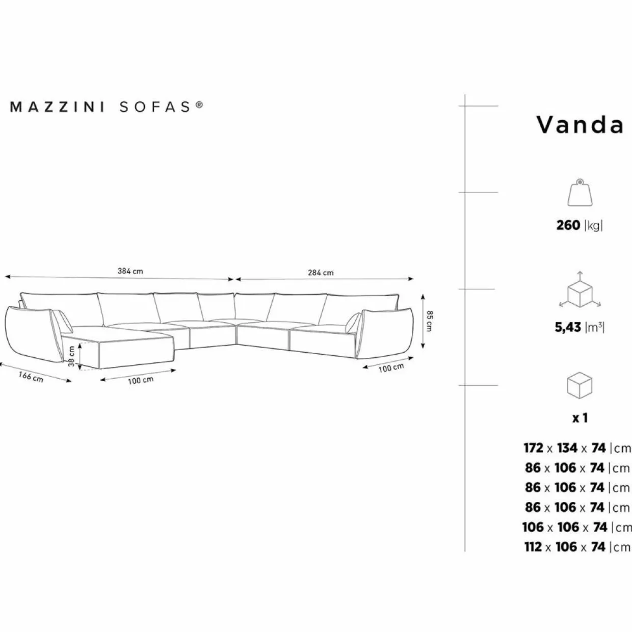Canapé d'angle Panoramique droit Velours Vanda 8 Places noir - 384x284x85 cm-Mazzini Sofas New