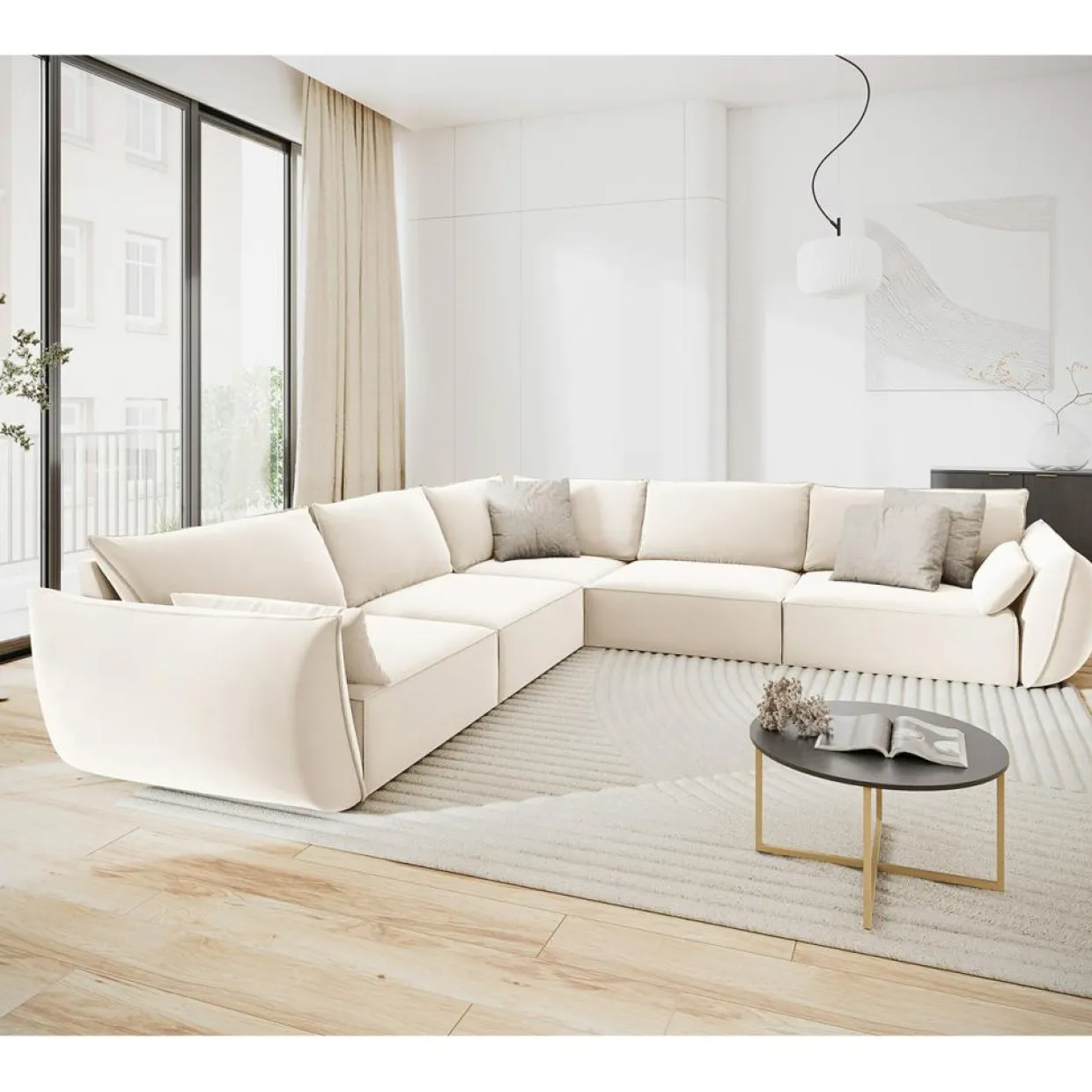 Mazzini Sofas Canapés^Canapé d'angle Symétrique en Velours Vanda 7 Places beige clair - 286x286x85 cm