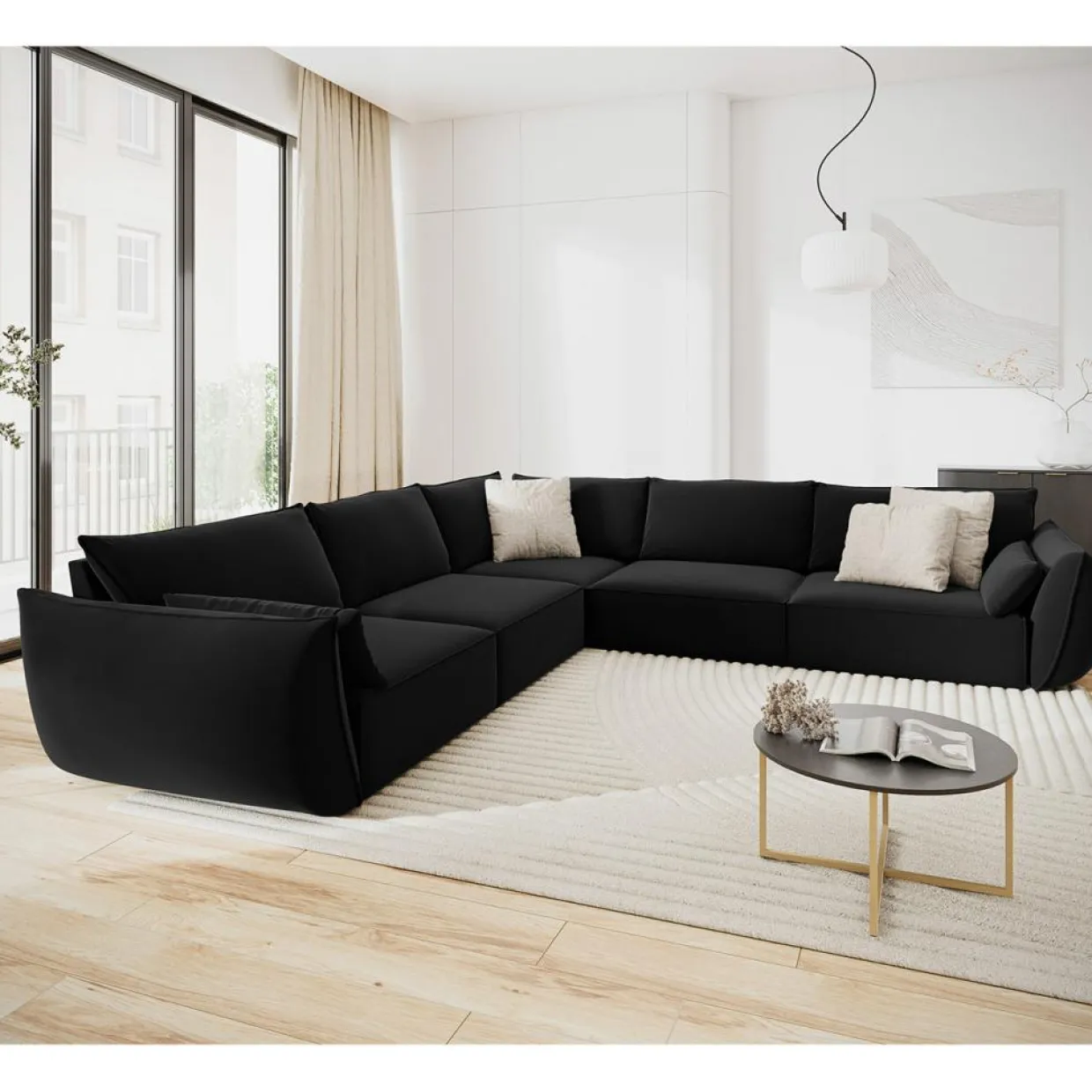 Mazzini Sofas Canapés^Canapé d'angle Symétrique en Velours Vanda 7 Places noir - 286x286x85 cm