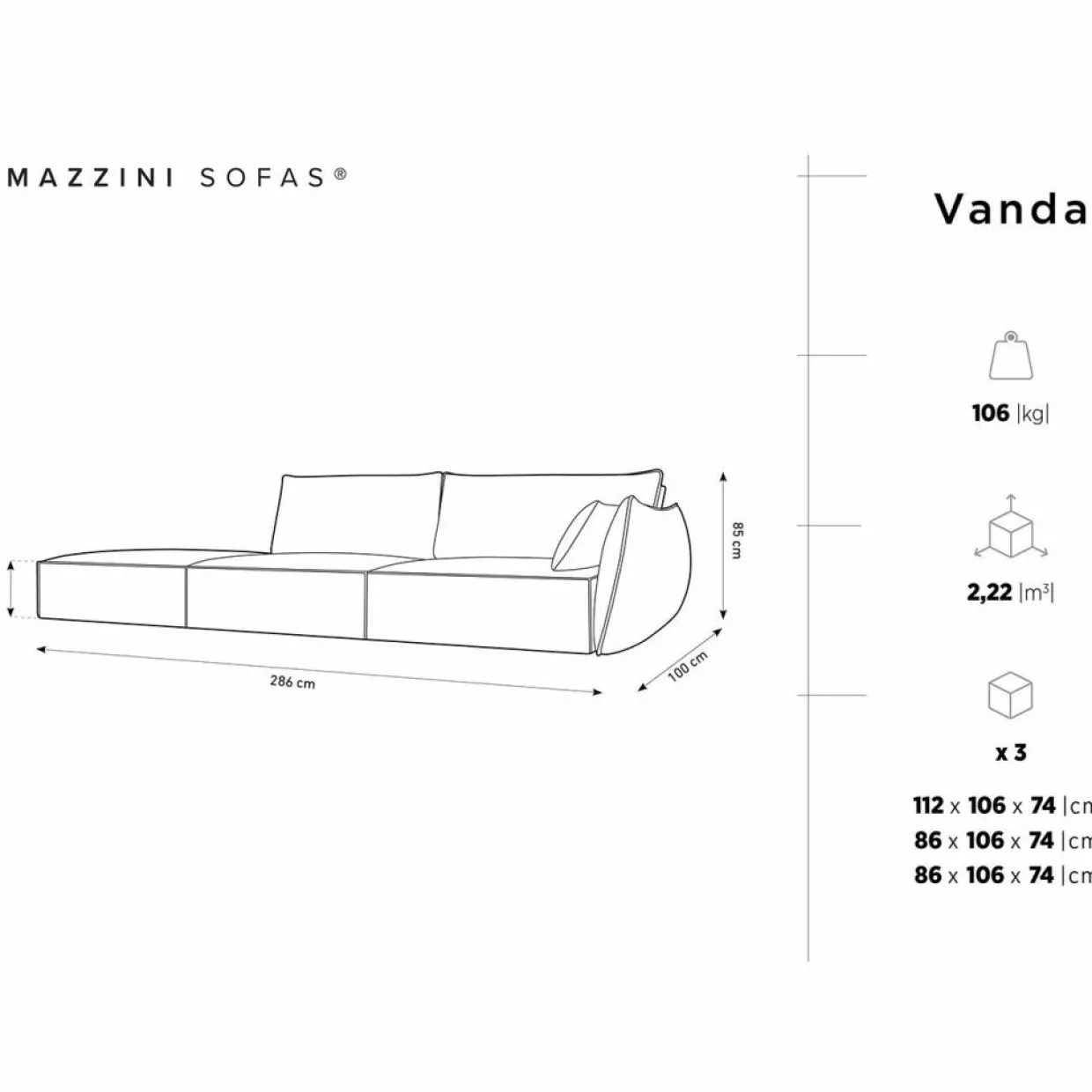 Mazzini Sofas Canapés^Canapé droit Vanda 4 Places gris - 286x100x85 cm