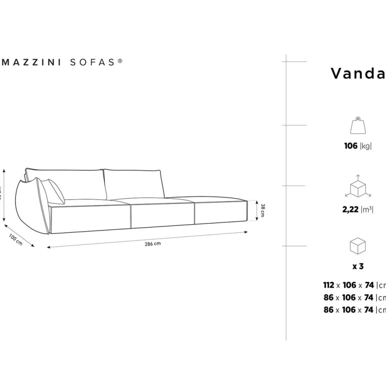 Mazzini Sofas Canapés^Canapé gauche Vanda 4 Places gris - 286x100x85 cm