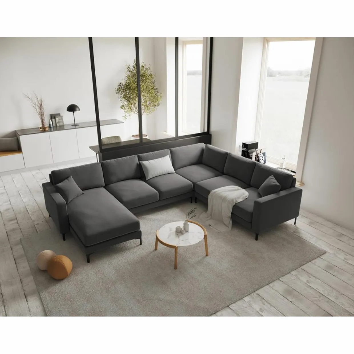 Canapé Panoramique droit Velours Venus 6 Places gris - 326x236x90 cm-Mazzini Sofas Discount