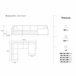 Mazzini Sofas Canapés^Canapé Panoramique gauche Velours Venus 6 Places beige clair - 326x236x90 cm