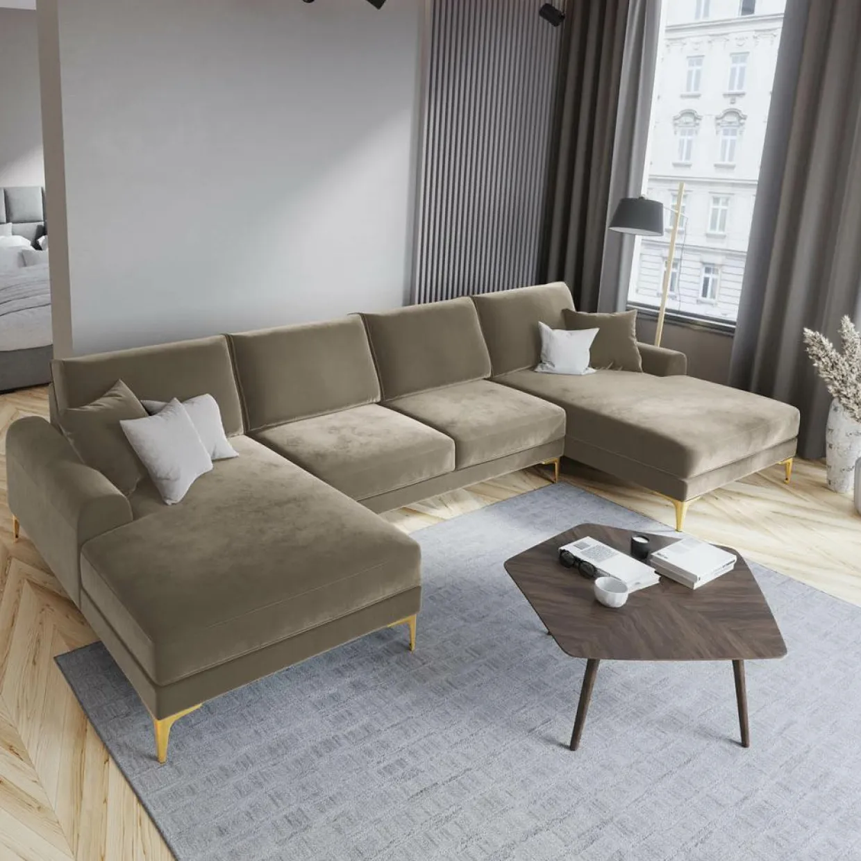 Mazzini Sofas Canapés^Canapé Panoramique Velvet 6 places Madara beige - 334x182x90 cm
