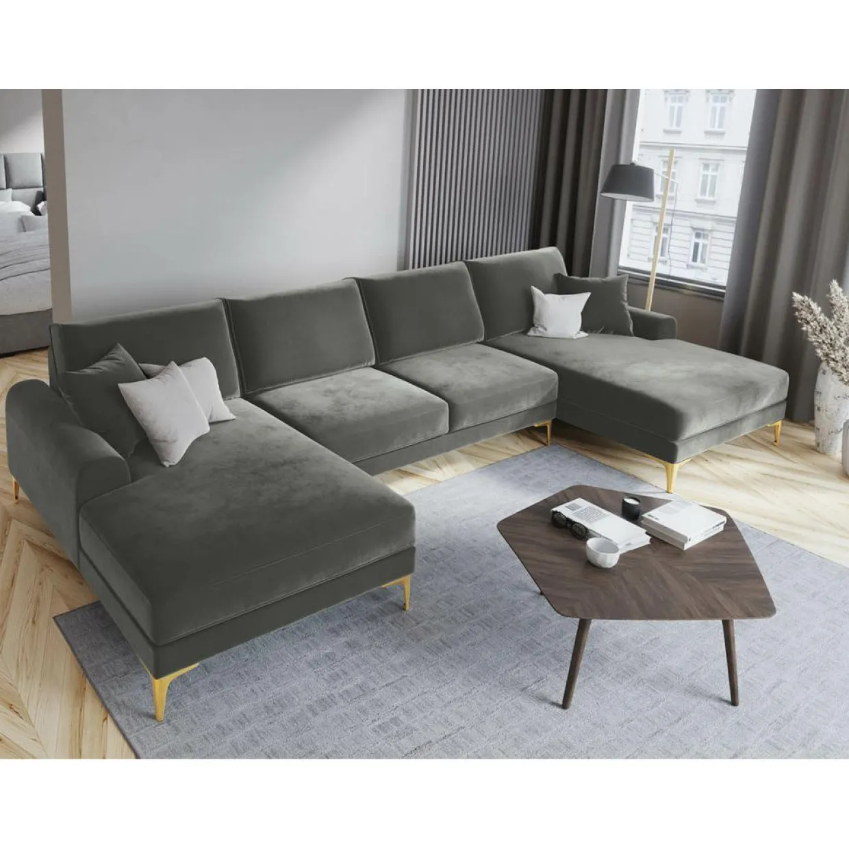 Mazzini Sofas Canapés^Canapé Panoramique Velvet 6 places Madara beige - 334x182x90 cm