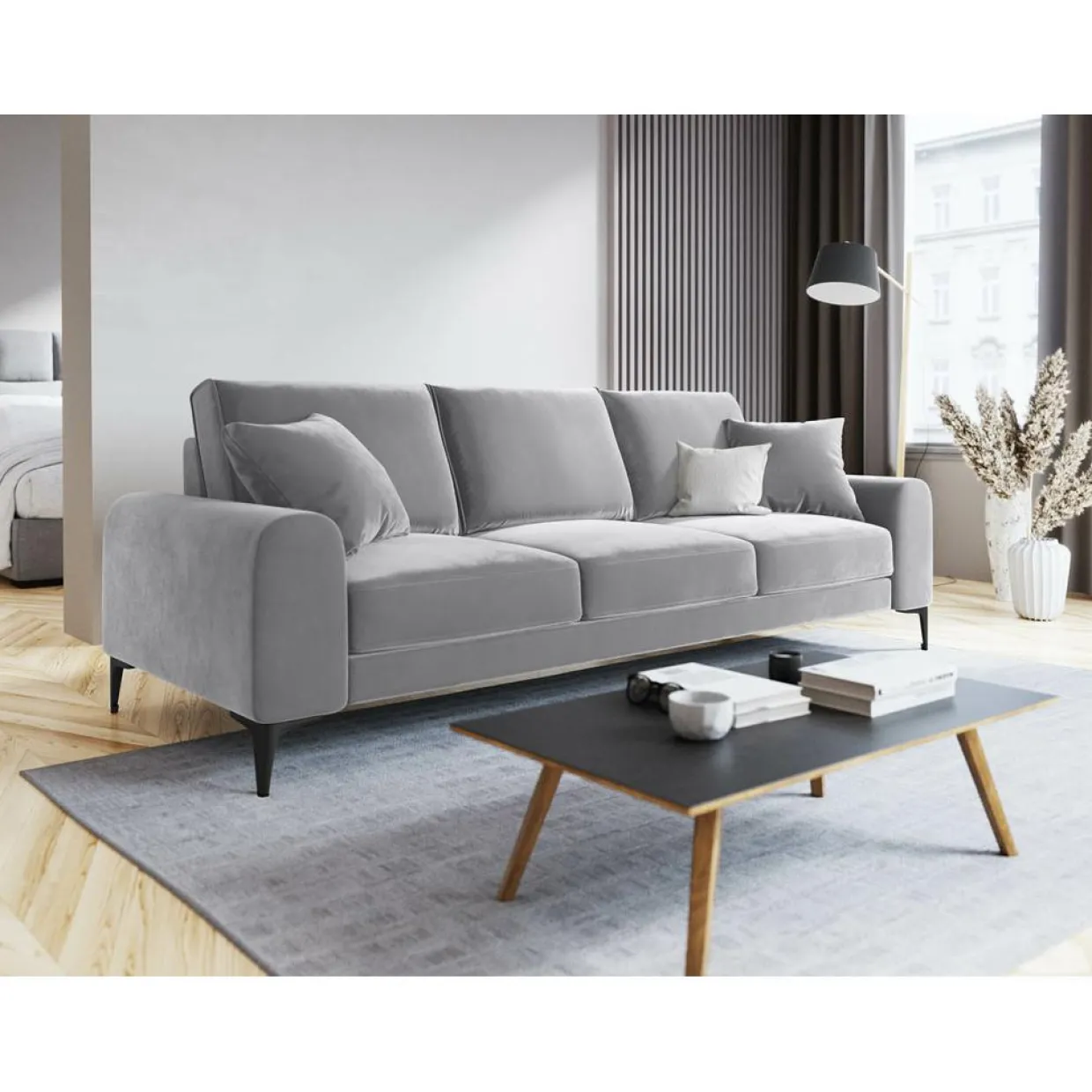 Canapé Velours Madara gris clair - 222x102x90 cm-Mazzini Sofas Online