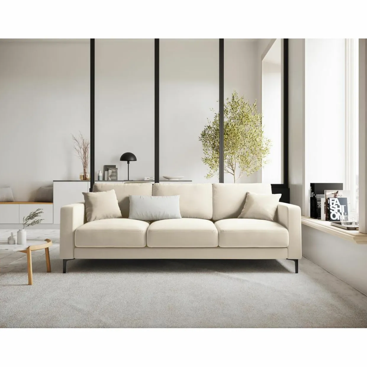 Canapé Velours Venus 3 Places beige clair - 220x92x90 cm-Mazzini Sofas