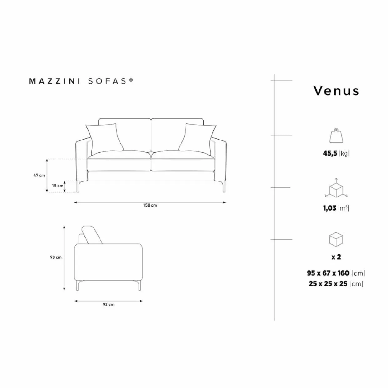 Mazzini Sofas Canapés^Canapé Venus 2 Places gris foncé - 158x92x90 cm