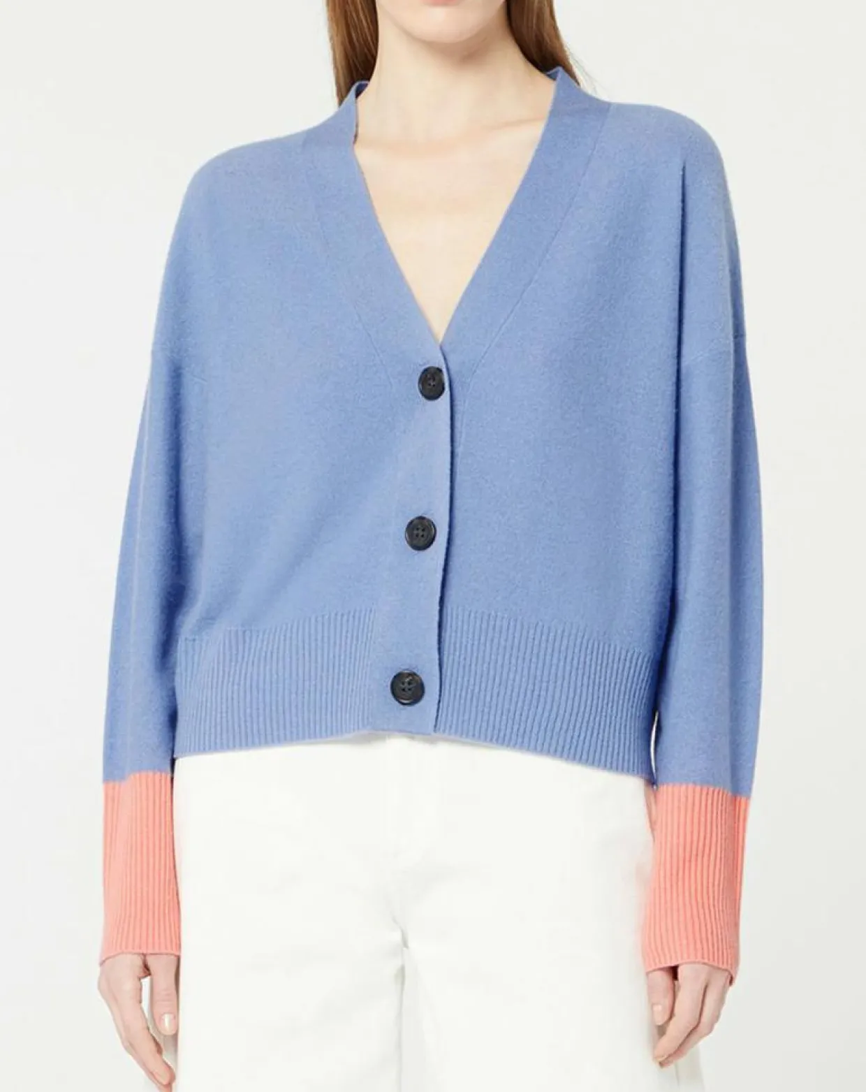 Cardigan 100% Cachemire Fabiola col V bicolore bleu/rose-Galeries Lafayette Outlet