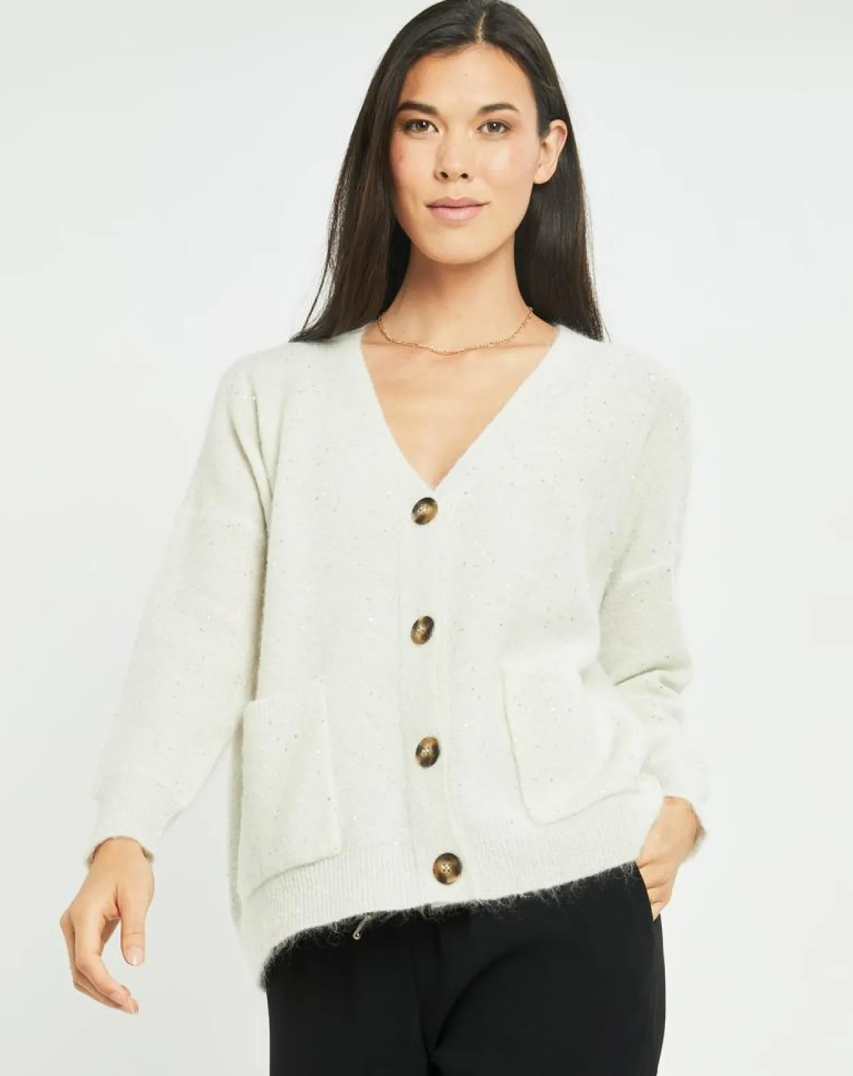 Cardigan en Laine & Mohair mélangés Basal à sequins blanc perle-Lauren Vidal Sale