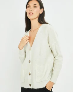 Cardigan en Laine & Mohair mélangés Basal à sequins blanc perle-Lauren Vidal Sale