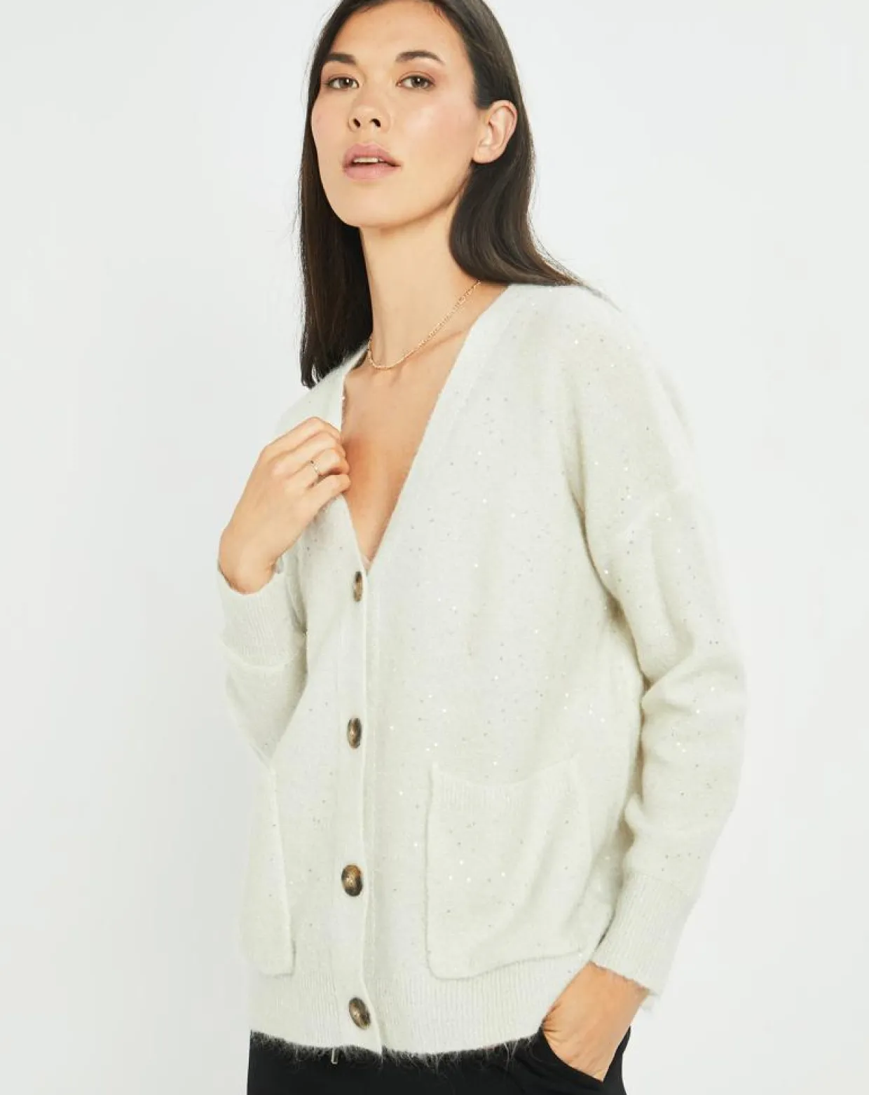 Cardigan en Laine & Mohair mélangés Basal à sequins blanc perle-Lauren Vidal Sale