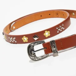 Ceinture fine en Cuir à clous marron-Wild Clearance