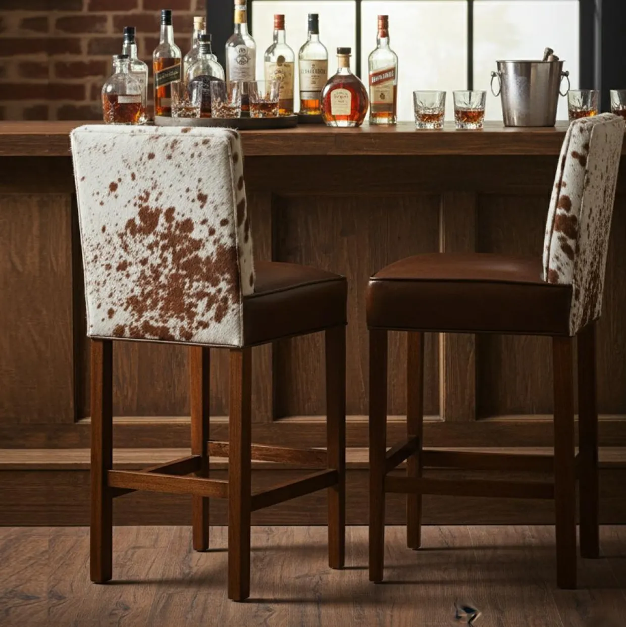 Bois & Chiffons Chaises^Chaise de bar en acacia et peau de vache Acacia Savage Marron - 46x50x114 cm