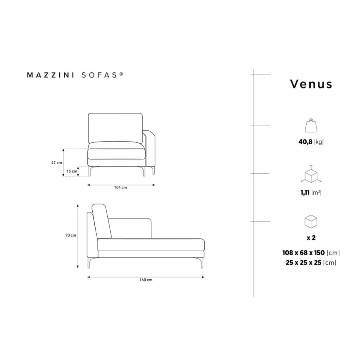 Mazzini Sofas Canapés^Chaise Longue Droite Venus beige - 160x104x90 cm