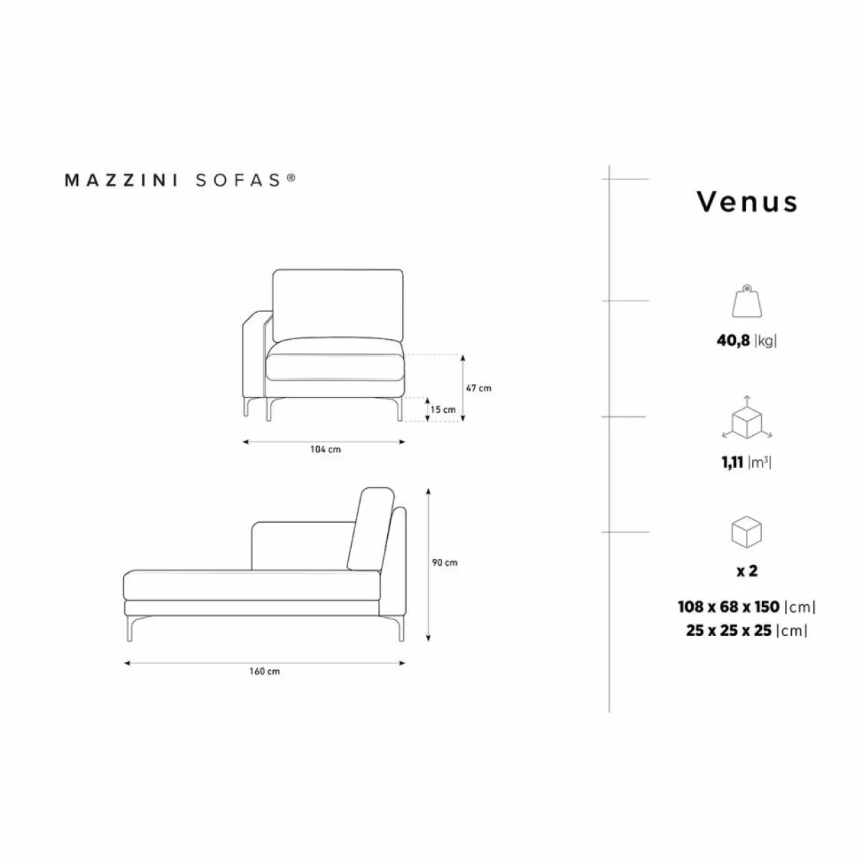 Mazzini Sofas Canapés^Chaise Longue Gauche Venus beige - 160x104x90 cm