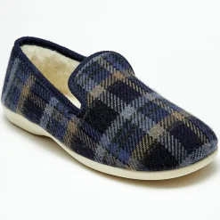 Homme Apologie Studio Chaussons^Chaussons charentais fourrés Laine tartan marine bord bleus