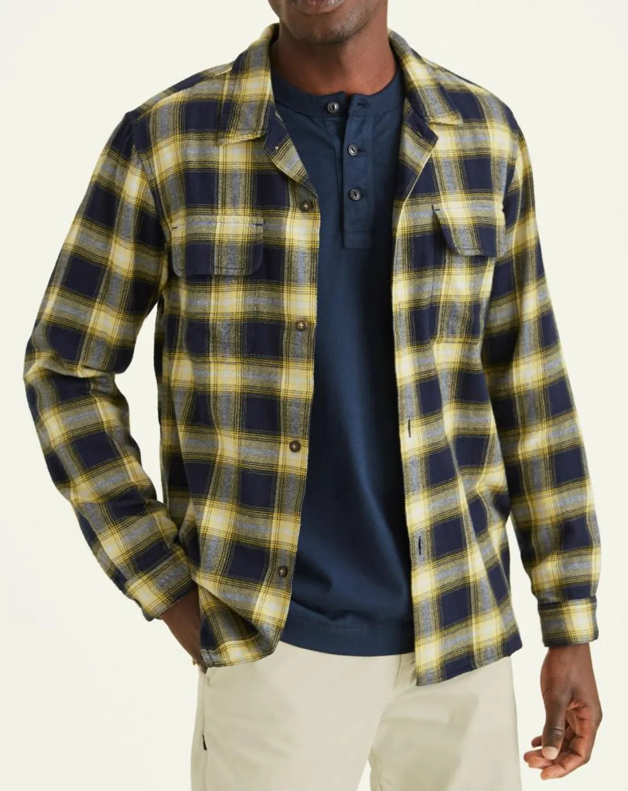 Homme Dockers Chemises^Chemise Classique LS Camp à carreaux touché flanelle bleu marine/jaune