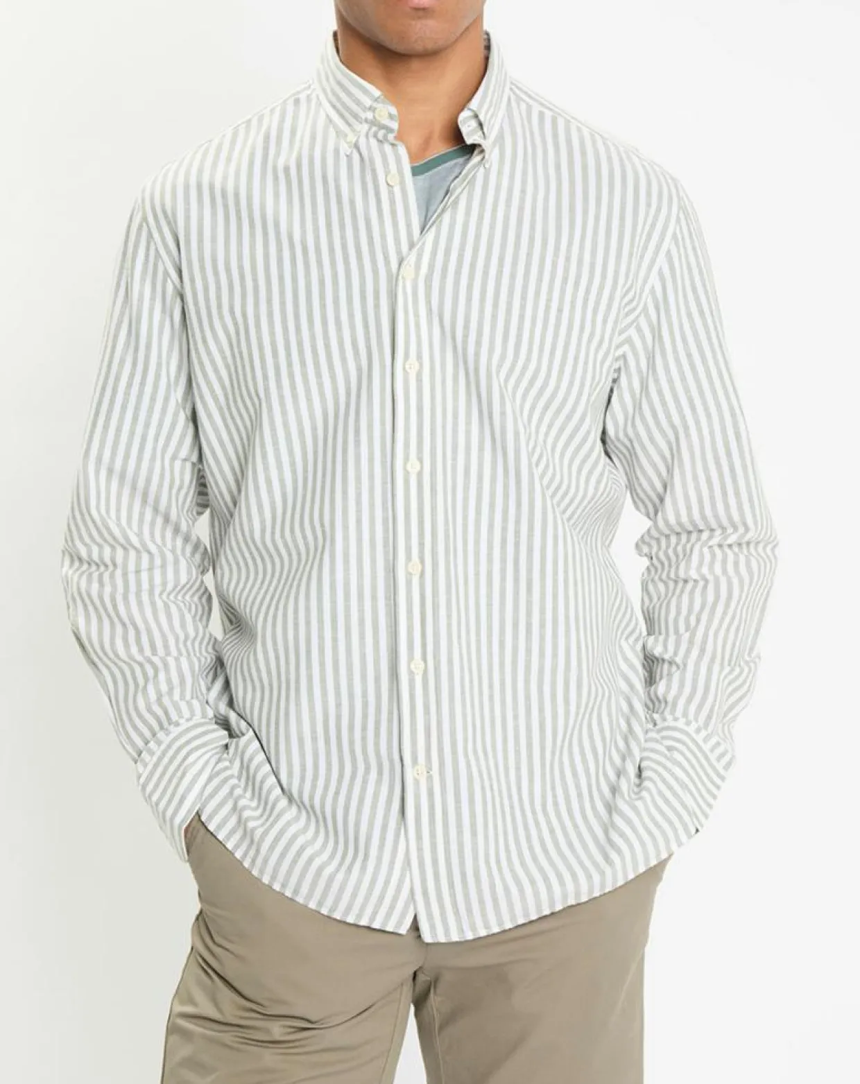 Chemise en Coton & Lin Slim Fit à rayures kaki/blanc-Hackett London Best