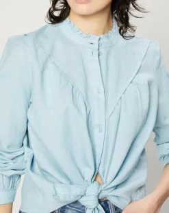Chemise en Lin & Coton à Col Volant bleu clair-Esprit Sale
