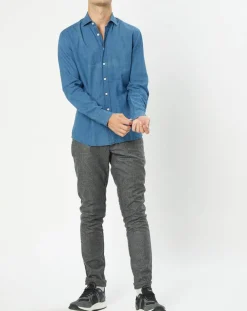 Chemise en Lin & Coton Slim Fit Text micro imprimé bleu moyen-Hackett London Clearance