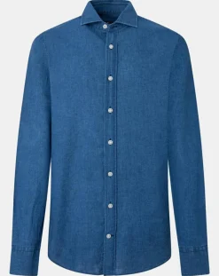 Chemise en Lin & Coton Slim Fit Text micro imprimé bleu moyen-Hackett London Clearance