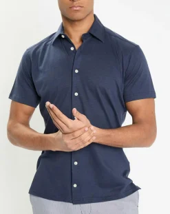 Homme Hackett London Chemises^Chemise en Lin & Coton Slim Fit manches courtes Tricot bleue