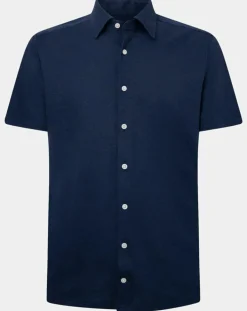 Homme Hackett London Chemises^Chemise en Lin & Coton Slim Fit manches courtes Tricot bleue