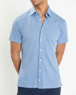 Homme Hackett London Chemises^Chemise en Lin & Coton Slim Fit manches courtes Tricot bleu moyen