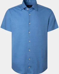 Homme Hackett London Chemises^Chemise en Lin & Coton Slim Fit manches courtes Tricot bleu moyen